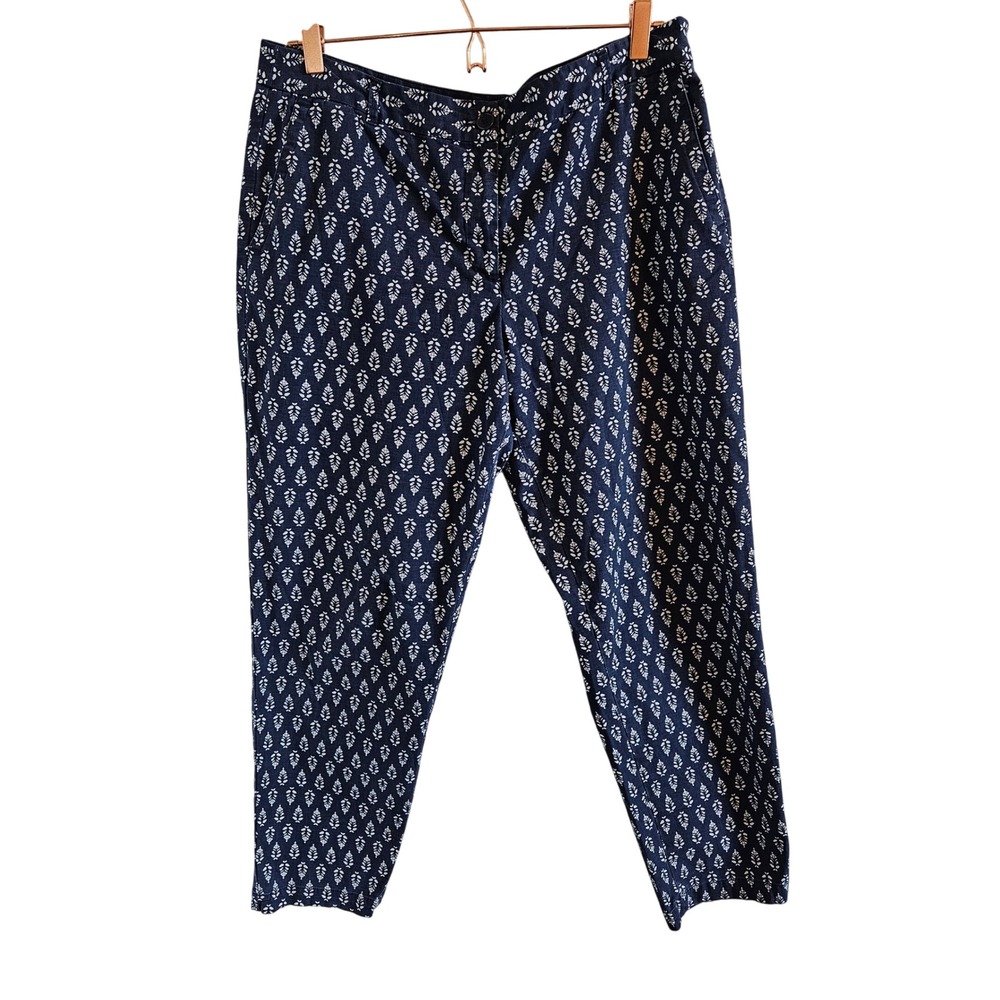 Talbots The Weekend Chino Navy Blue White Leaf Print Pant Womens Size 12 Stretch